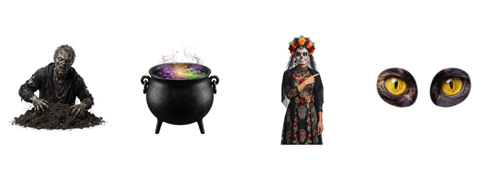 A collection of scary elements for a happy halloween transparent png high quality image featuring a zombie cauldron witch and glowing cat eyes for design