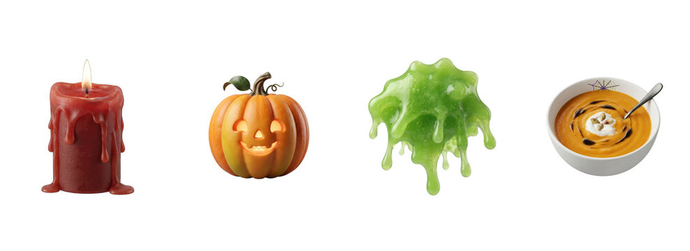 A festive collection of happy halloween transparent png high quality image elements including a red candle glowing pumpkin green slime and bowl of soup
