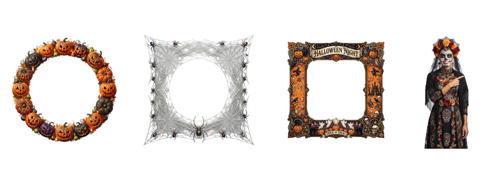 A collection of festive holiday elements featuring a happy halloween transparent png high quality image set including pumpkin wreaths spider web frames and spooky characters