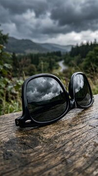 Sunglasses resting on a wooden surface with a cloudy mountain landscape reflection.