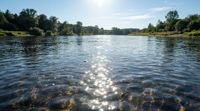 Sunlight Reflecting on a Clear River with Lush Green Trees and Blue Sky.