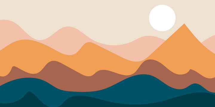 Abstract landscape poster. Nature wall decor contemporary art print, mid century mountain background. Vector