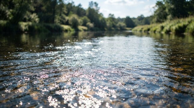 Sunlight sparkles on a flowing river surrounded by lush green trees.