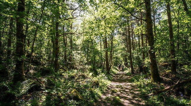 Sunlight filters through lush green forest trees onto a winding path.