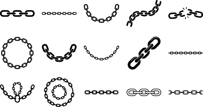 Black chain link icons set, industrial metal shackles and broken links vector, 14 steel chain elements for security and connection design