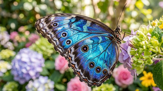 Vibrant Blue Morpho Butterfly Resting on Colorful Flowers in Garden.