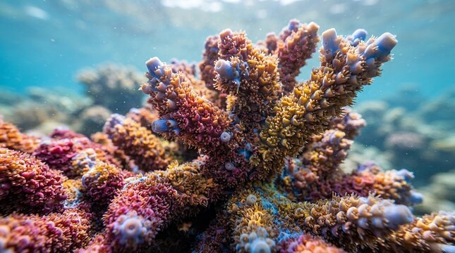 Vibrant Underwater Coral Reef Ecosystem with Colorful Corals.