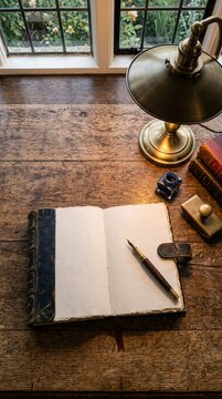 Vintage Desk with Open Journal and Lamp.