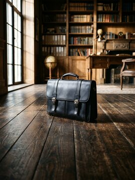 Vintage Leather Briefcase on Wooden Floor in Library.