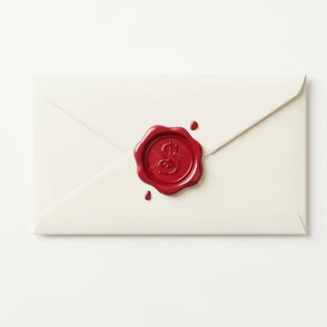 Cream envelope with red wax seal and dollar sign symbol on white background for financial and premium business concepts