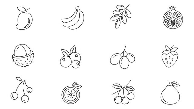 Minimalist Line Art Set of Animated Fruit Icons Isolated on White Background