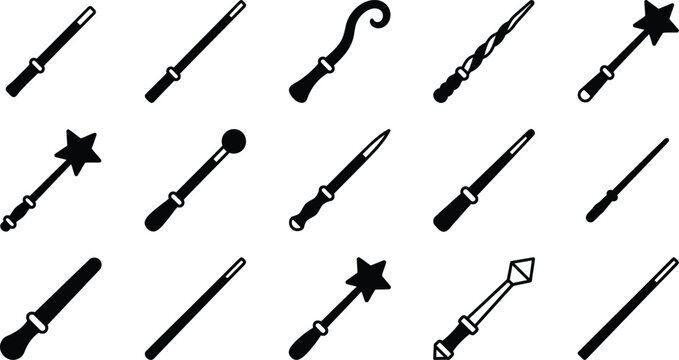Magic wand icon set with 15 black vector silhouettes. Wizard and fairy wand collection for fantasy gaming. Mystical sorcerer staff symbols.