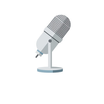 Minimalist vector illustration of a vintage retro microphone on a stand, isolated on white background