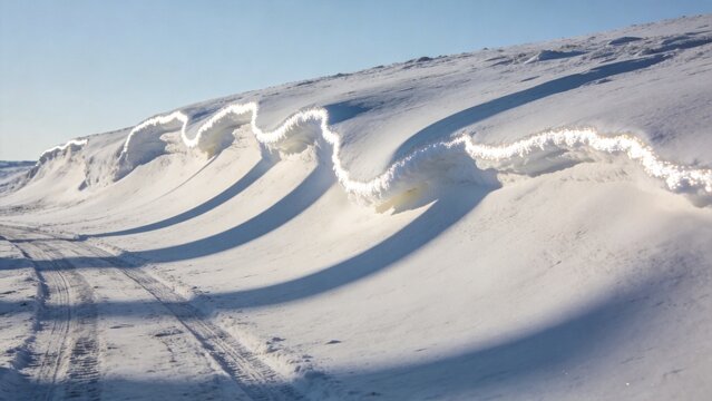 Winter Waves: Sunlit snowdrifts sculpted by wind create the illusion of frozen ocean waves under a clear blue sky.
