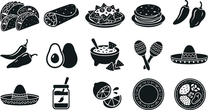 Mexican food and culture black silhouette icon set featuring tacos burritos nachos quesadillas chili peppers avocado guacamole maracas and sombrero hats on white background