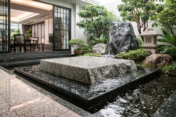 Obraz premium A modern Japanese courtyard with shallow reflecting water, accented by stone platform, low-angle view after rain.