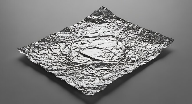 Crumpled aluminum foil texture on grey surface for industrial backdrop