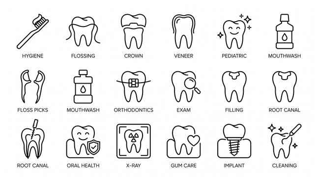 Minimalist black and white line icons set representing dental care, oral hygiene, and treatments.