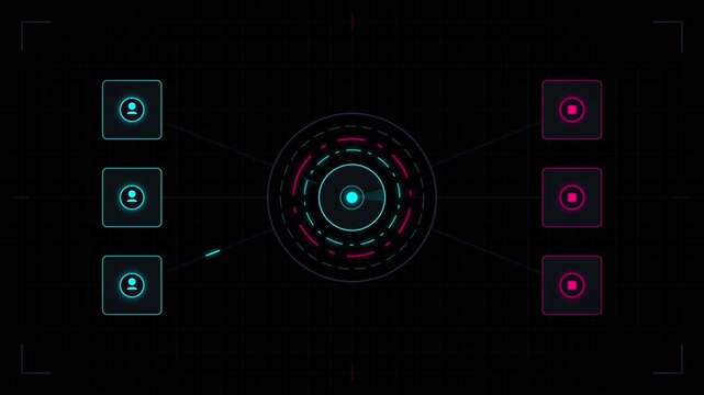 Futuristic digital interface with rotating hud and data transfer