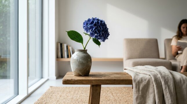 Blue hydrangea flower in vase on table interior