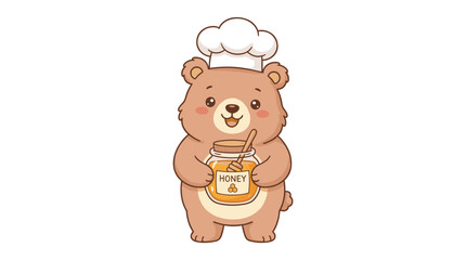 Cute Flat Style Bear Cub Chef Holding Jar of Honey with Dipper, Whimsical Character Illustration with Chef Hat and Sweet Food Concept, Isolated on White Background © Zidan