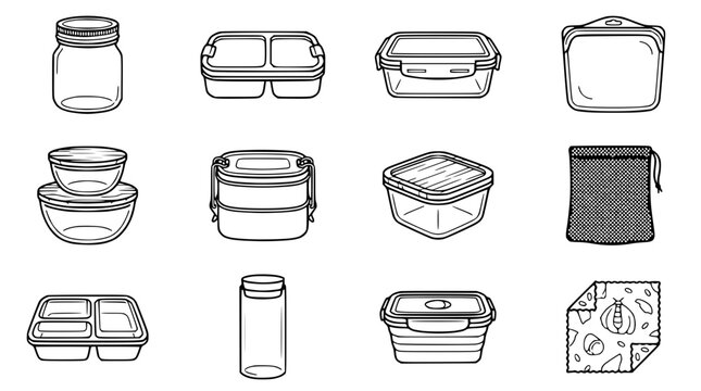 Collection of reusable food containers, lunch boxes, jars, and bags for meal prep and storage
