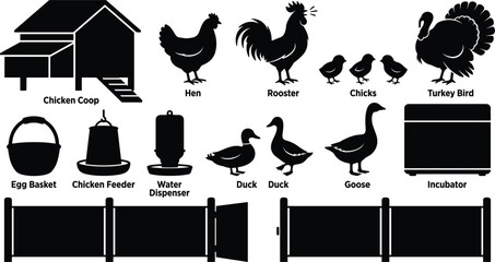 Poultry farm and backyard chicken breeding black silhouette icon set featuring coop hen rooster chicks turkey duck goose incubator and equipment on white background © Rakib