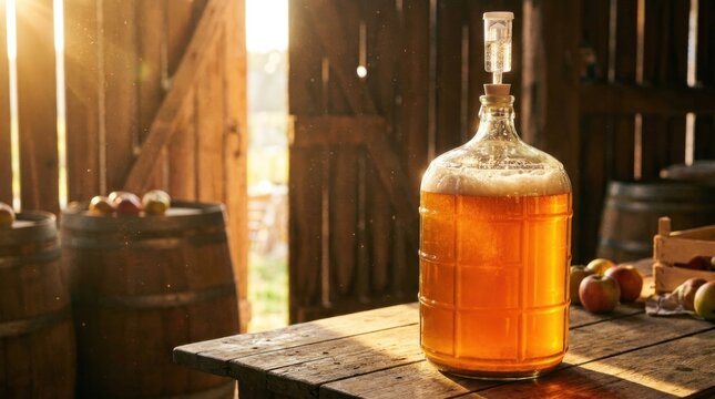 glass carboy fermenting cider glowing amber in golden afternoon light