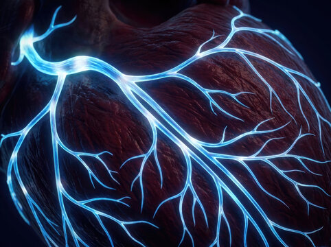 Detailed view of heart with glowing blue fiber conductions, showcasing intricate vascular