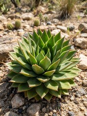 Fototapeta premium Green Agave Plant Growing in Arid Desert Landscape with Rocks.