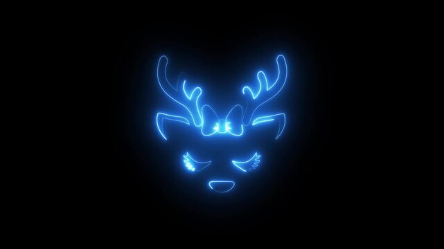 Glowing blue neon deer silhouette with bow on black background