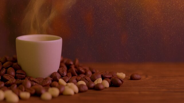 Cozy background of a steaming coffee cup with roasted coffee bea