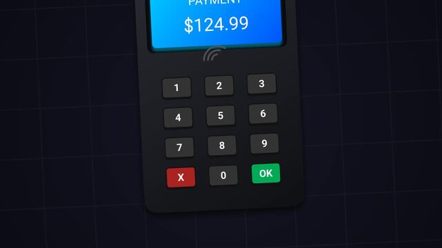 Animation of a modern cashless transaction using a smartphone to tap and pay on a point of sale terminal, featuring NFC technology, secure checkout approval, and a printed store receipt