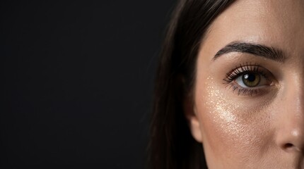 Fototapeta premium female eye macro with gold glitter makeup on cheek against dark background