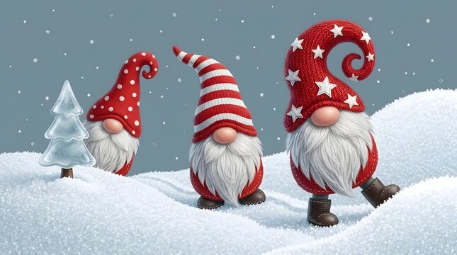 Adorable Red Christmas Tomte Gnomes in Winter Snow Scene