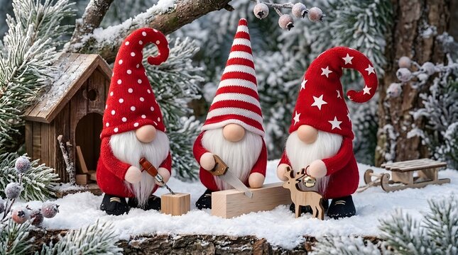 Three Christmas gnomes crafting wooden toys in a snowy workshop