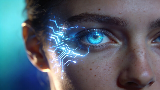 Closeup of a human eye with digital circuit overlay