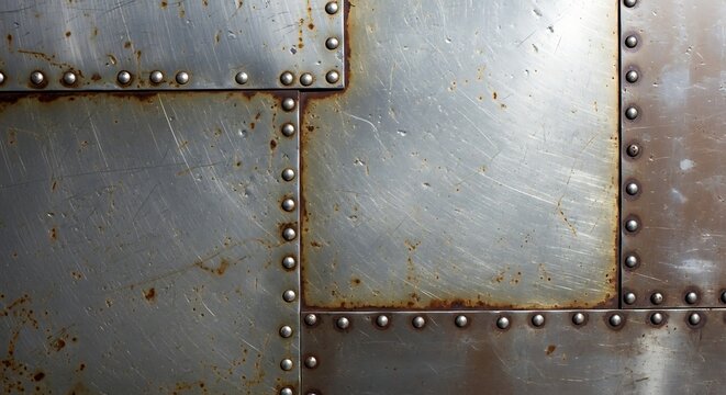 Industrial Metal Plates with Rivets and Rust Showing Wear and Tear