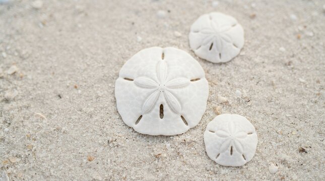 Three white sand dollars resting on a sandy beach.