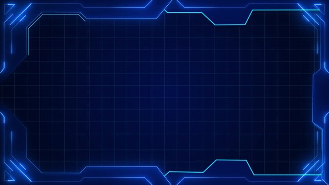 Blue futuristic frame with glowing angular borders and a subtle grid provides copy space for 19 videos, gaming screens, digital dashboards, science presentations, broadcasts, and media titles.