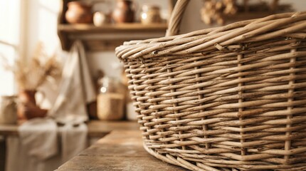 Obraz premium Woven Wicker Basket on a Rustic Wooden Table in a Cozy Kitchen.