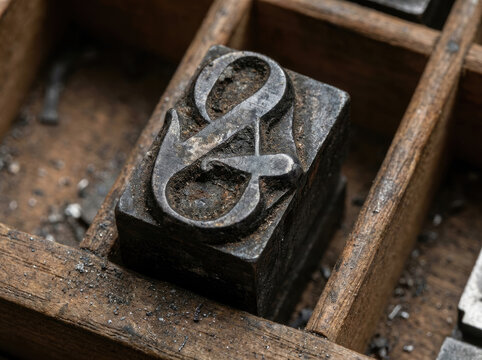 Antique lead type letterpress block featuring ampersand symbol, showcasing vintage typography