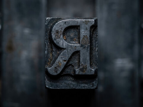 Vintage lead alloy typeface block featuring letter R, showcasing rustic texture and patina