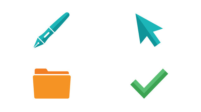 Flat Design Icons: Digital Pen, Cursor, Folder, and Checkmark on White Background, Graphic Resource Set