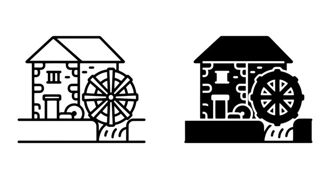 Rustic Watermill Icons, Stone Building Vector Art, Traditional Mill Wheel Graphics, Rural Industry Symbols