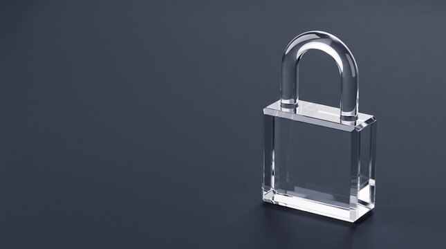 Minimalist glass security padlock sculpture with crystal refraction on dark slate background 16-9