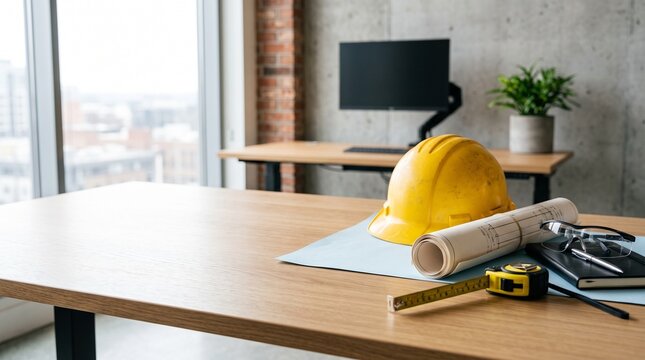 Yellow hard hat and blueprints on a desk in an office, suggesting construction or architecture projects