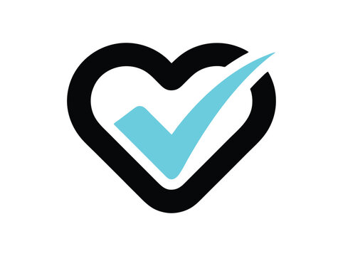 Minimalist heart checkmark logo vector, blue tick inside black heart outline, health and wellness symbol for medical insurance or dating apps