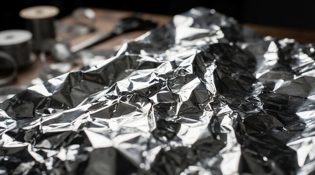 Close up of crumpled aluminum foil with a shiny metallic texture.