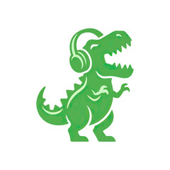 Fototapeta premium Green dinosaur listening to music with headphones